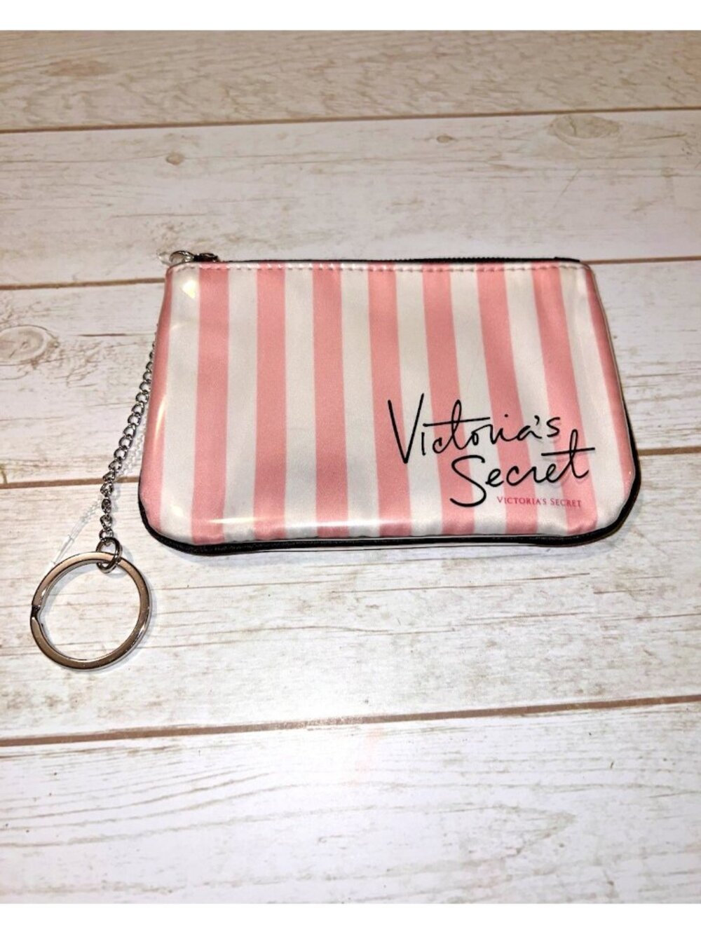 VICTORIA’S SECRET Striped Classic Satin Top Zipper Coin Wallet W /Keychain Loop - Picture 1 of 8
